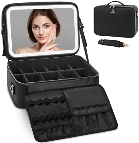 Large Black Makeup Travel Case 15.35" with LED Mirror and Adjustable Dividers
