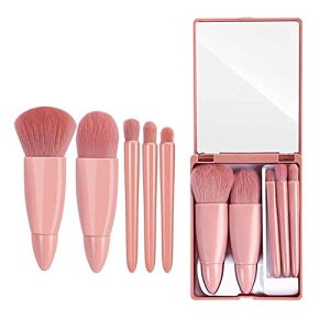 Travel Makeup Brush Set – 5 Pieces Face Makeup Brushes with Mirror Synthetic Foundation Powder Brush Kit with Storage Box – Mini Makeup Tools Cosmetic Brush Set, Multicolor
