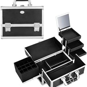 Joligrace Large Black Makeup Train Case Organizer with Sliding Trays, Mirror, and Lockable Keys