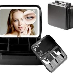 Black Portable Travel Cosmetic Train Case with Removable Lighted Mirror and Adjustable Dividers