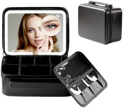 Black Portable Travel Cosmetic Train Case with Removable Lighted Mirror and Adjustable Dividers