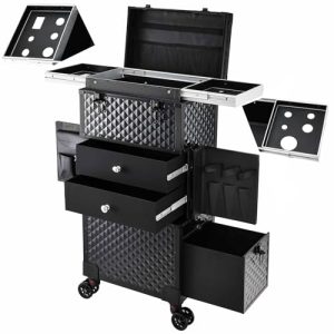 Professional Rolling Makeup Case Trolley with Hairdryer Holder and 3 Drawers for Beauty Travel