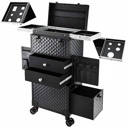 Professional Rolling Makeup Case Trolley with Hairdryer Holder and 3 Drawers for Beauty Travel