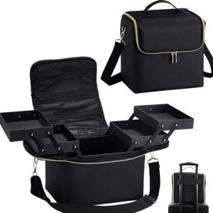 Large Black 4-Tier Makeup Train Case for Travel, Nail Art, Tattoo Storage