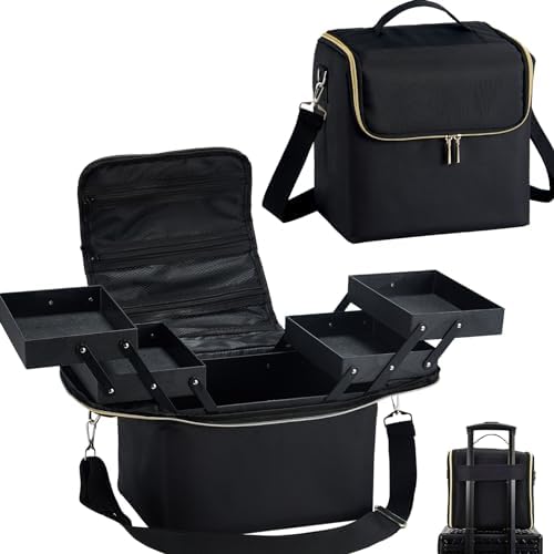Large Black 4-Tier Makeup Train Case for Travel, Nail Art, Tattoo Storage