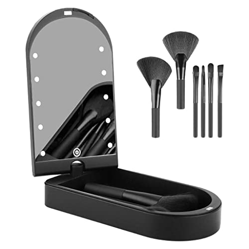 Portable Folding Makeup Mirror Box w/LED & 6 Makeup Brushes Kit 360¡ãRotation for Travel - Touch Switch Illuminated Cosmetic Brushes Storage Set - Gifts for Women
