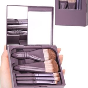 Travel Size Makeup Brushes Mini Set with Hard Case and Mirror, 5 Small Brushes in Dark Purple