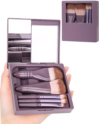 Travel Size Makeup Brushes Mini Set with Hard Case and Mirror, 5 Small Brushes in Dark Purple
