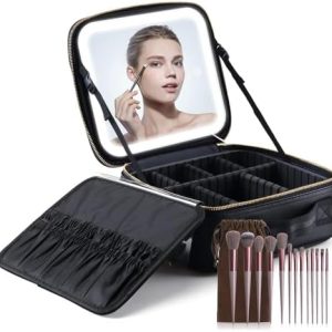 Black Portable Makeup Vanity Bag with Large Light Up Mirror and 13pc Brush Set