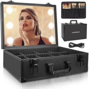 Maydear Portable Waterproof Makeup Case with Lighted Mirror and Adjustable Dividers