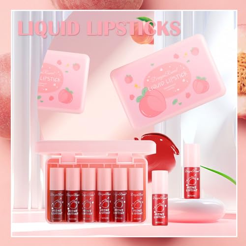 Six Color Lip Tint Stain Mini Liquid Lipstick Set for Lips and Cheeks Long-Lasting Peach Formula - Image 7