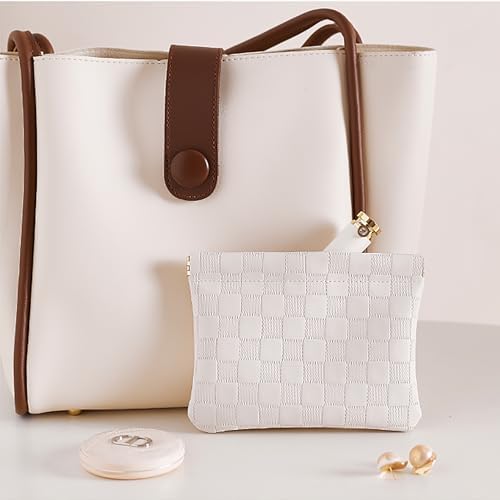 White Leather Pocket Cosmetic Bag, Waterproof Self-Closing Makeup Pouch for Women's Purses - Image 8