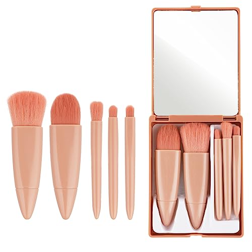 5 Piece Mini Travel Makeup Brush Set with Built-in Mirror and Compact Case