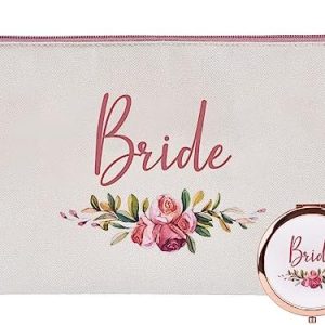 CARAKNOTS 2 Piece Bride Gift Set: Makeup Bag and Compact Mirror for Bridal Showers