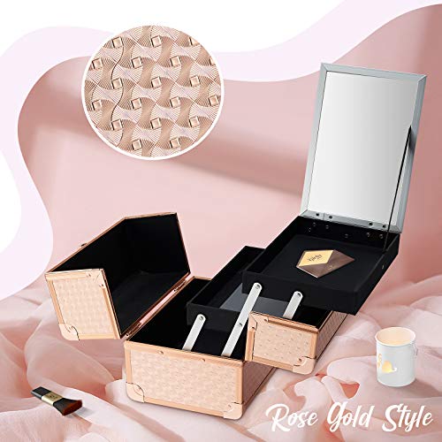 Joligrace Rose Gold Makeup Train Case 2-Tier Organizer with Lockable Keys and Mirror - Image 7