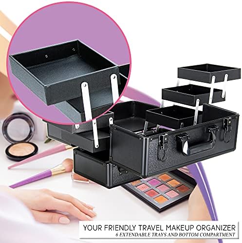 Black 6-Tier Lockable Makeup Organizer and Travel Kit Portable Aluminium Train Case - Image 4