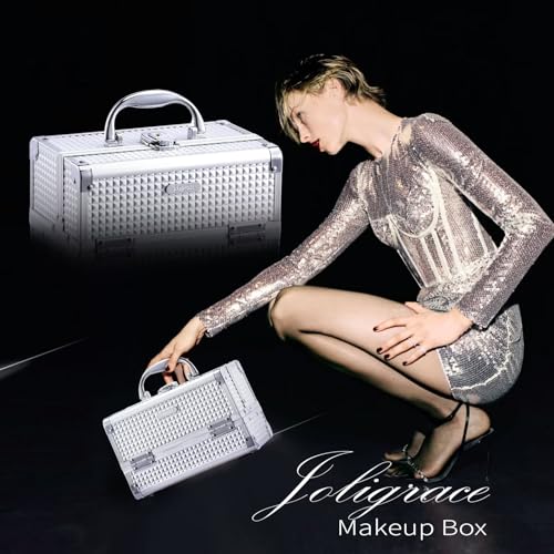 Joligrace Silver 2-Tier Makeup Train Case Organizer with Lock, Keys, and Mirror - Image 6