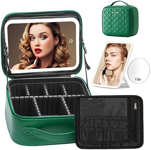 Portable Green Makeup Bag with LED Mirror Light and Detachable Travel Case