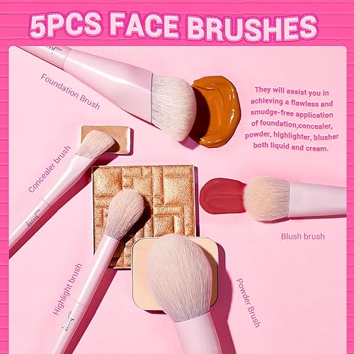 Jessup Pink Makeup Brushes Set 14Pcs Make up Brushes Premium Vegan Foundation Concealer Blush Eyeshadow Eyeliner Powder Highlighter Blending Face Brush Set, T495 - Image 2