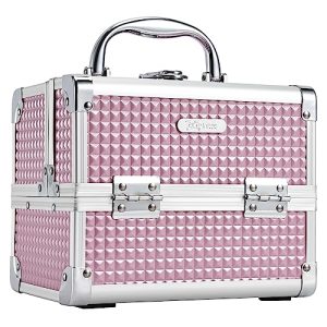 Joligrace Pink Portable Makeup Train Case Cosmetic Box with Lock, Mirror, 2 Trays