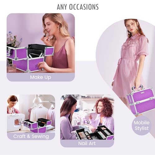 Frenessa Purple Portable Makeup Train Case Organizer with 4 Trays and Lockable Dividers - Image 4