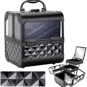 Makeup Train Case Portable Cosmetic Box Jewelry Organizer Lockable with Keys and Mirror 2-Tier Trays for Makeup Artists Craft Nail Kits Sewing Box Traveling Makeup Storage Case (Black)