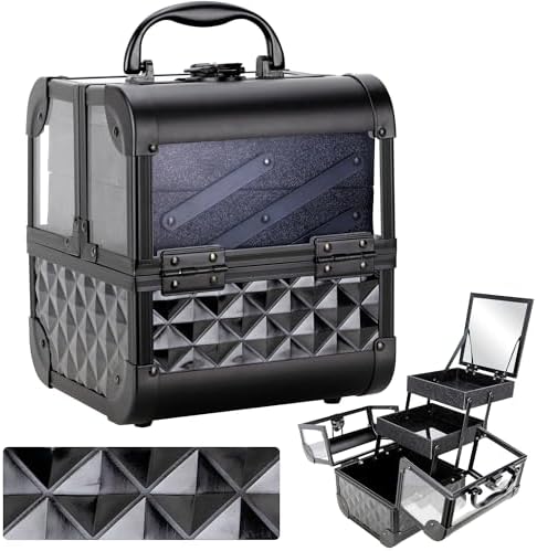 Makeup Train Case Portable Cosmetic Box Jewelry Organizer Lockable with Keys and Mirror 2-Tier Trays for Makeup Artists Craft Nail Kits Sewing Box Traveling Makeup Storage Case (Black)