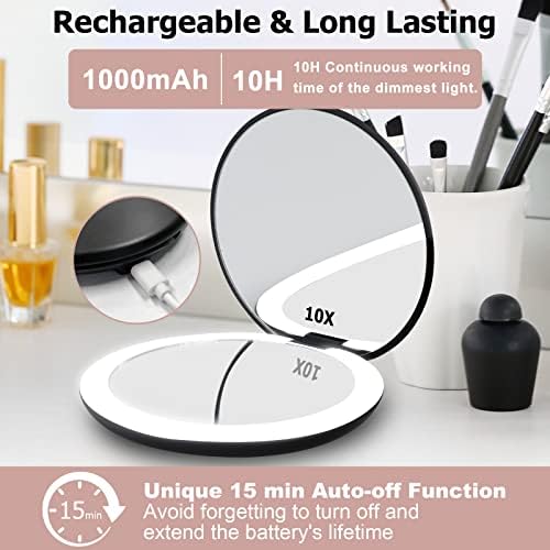 Rechargeable 5-Inch Black LED Lighted Travel Makeup Mirror 1x/10x Magnifying Dimmable - Image 5