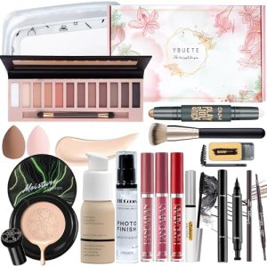 Complete Women's Cosmetic Makeup Set with Eyeshadow, Foundation, Lipstick, Brushes, and Bag