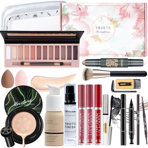 Complete Women's Cosmetic Makeup Set with Eyeshadow, Foundation, Lipstick, Brushes, and Bag