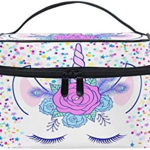ZOEO Makeup Train Case Cream Unicorn Head Cute Cat Eye Star Korean Carrying Portable Zip Travel Cosmetic Brush Bag Organizer Large White Elephant Gift for Girls Women