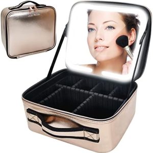 Makeup Train Case with Mirror and Lights 3 Color Adjustable Brightness Dividers Cosmetic Organizer Storage Rechargeable Waterproof Gift for Lady, Rose Gold Small