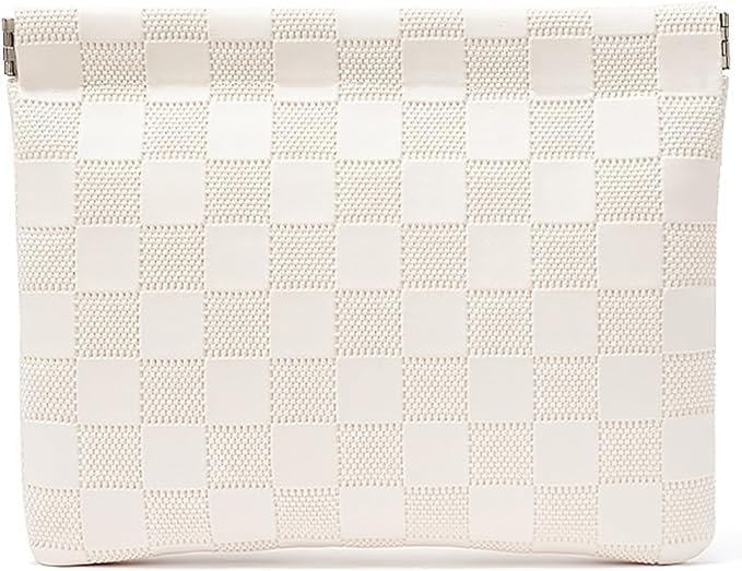 White Leather Pocket Cosmetic Bag, Waterproof Self-Closing Makeup Pouch for Women's Purses