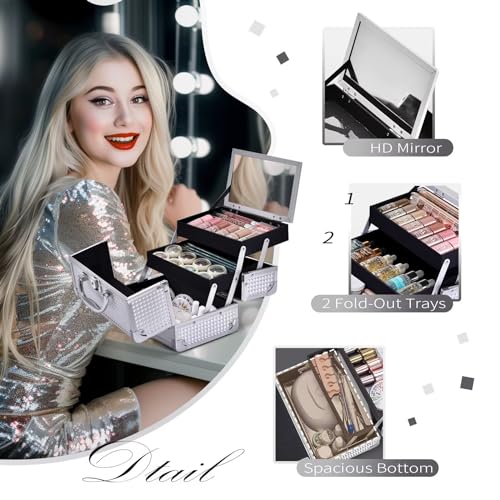Joligrace Silver 2-Tier Makeup Train Case Organizer with Lock, Keys, and Mirror - Image 3