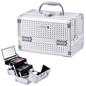 Joligrace Silver 2-Tier Makeup Train Case Organizer with Lock, Keys, and Mirror