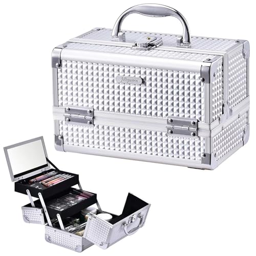 Joligrace Silver 2-Tier Makeup Train Case Organizer with Lock, Keys, and Mirror