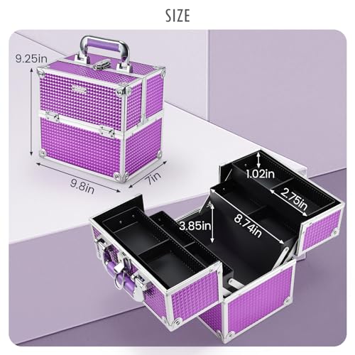 Frenessa Purple Portable Makeup Train Case Organizer with 4 Trays and Lockable Dividers - Image 6
