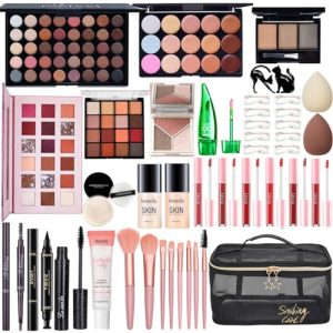 Complete Women's Makeup Essential Bundle with Foundation, Primer, Eyeshadow, Contour, Lipstick, Eyeliner, Mascara, and Brush Set