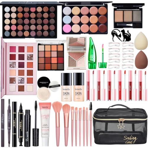 Complete Women's Makeup Essential Bundle with Foundation, Primer, Eyeshadow, Contour, Lipstick, Eyeliner, Mascara, and Brush Set