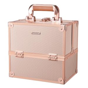 FRENESSA 10 Inch Rose Gold Makeup Train Case with 4 Trays and Lockable Design for Women