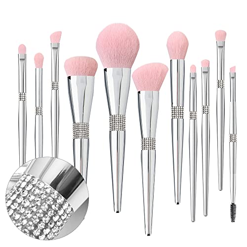 Luxury 11-Piece Silver Glitter Makeup Brush Set Vegan Synthetic Hair with Gift Box