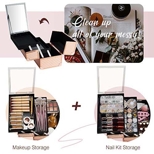 Joligrace Rose Gold Makeup Train Case 2-Tier Organizer with Lockable Keys and Mirror - Image 3