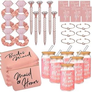 36 Pcs Bridesmaid Proposal Gifts Set - Maid of Honor Gifts for Weddings and Bachelorette Parties - Includes Drinking Glasses, Makeup Bags, and Bracelets in Rose Gold