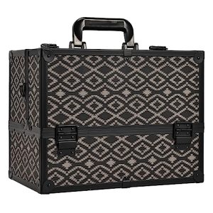 Joligrace Black Grid Large Makeup Train Case with 6 Trays and Lock