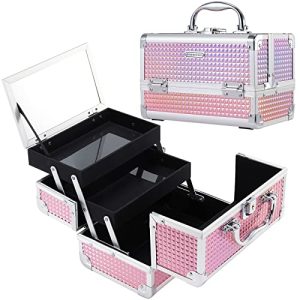 FRENESSA Glitter Pink Portable Makeup Train Case Organizer with Lockable Mirror and 2 Trays