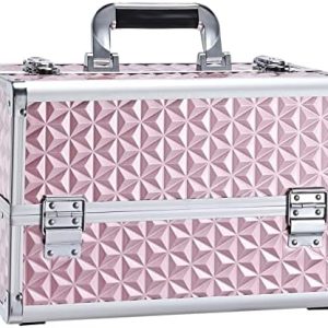 Joligrace Neutral Pink Aluminum Makeup Train Case Organizer with 4 Dividers and Lockable Closure