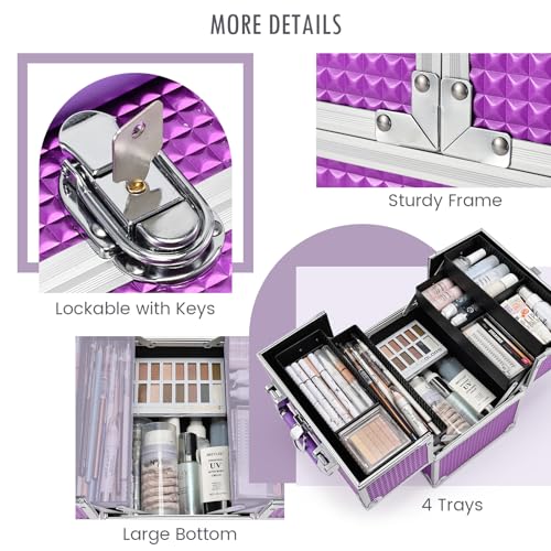Frenessa Purple Portable Makeup Train Case Organizer with 4 Trays and Lockable Dividers - Image 5