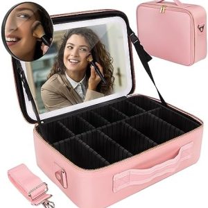 Cenoz Super Large Makeup Bag with LED Lighted Mirror and Adjustable Brightness in Pink