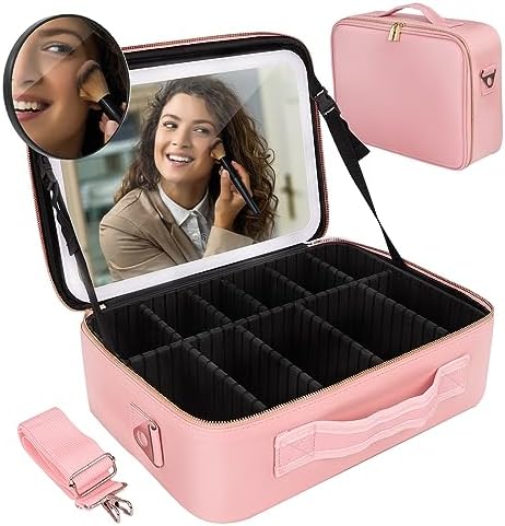 Cenoz Super Large Makeup Bag with LED Lighted Mirror and Adjustable Brightness in Pink