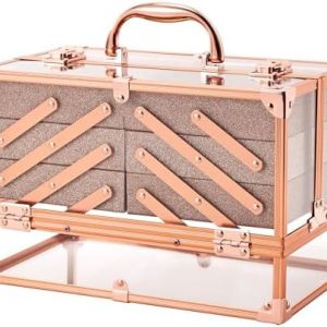 Frenessa 11.8 Inch Rose Gold Acrylic Makeup Train Case with 6 Trays for Cosmetics and Jewelry